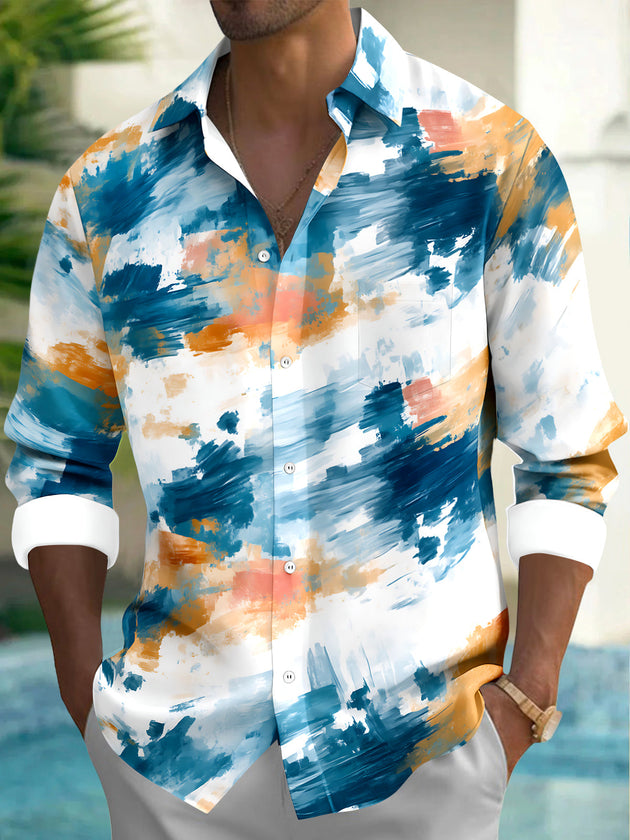 Adaychic Men's Tie Dye Abstract Tie Dye Brushstrokes Print Long Sleeve Shirt with Chest Pocket