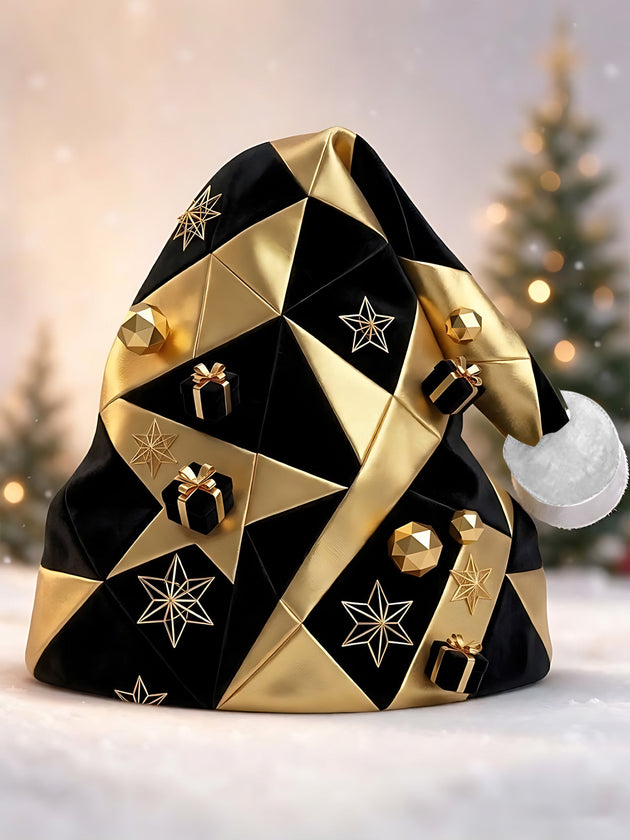 Adaychic Men's Hat - Christmas Geometric Black And Gold Pattern With Stars And Gift Boxes