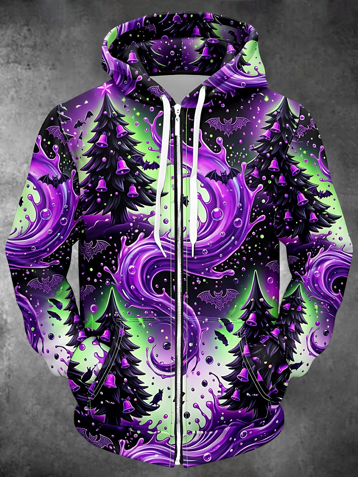 Adaychic Men's Long Sleeve Zip-Up Hoodie - Dark Christmas Trees With Purple Bells And Bats Print