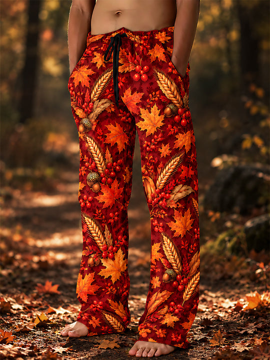 Adaychic Men's Autumn Maple Leaves Wheat Acorns And Red Berries Print Pants