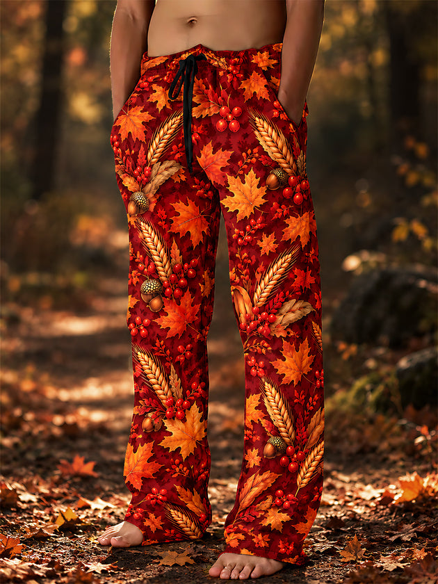 Adaychic Men's Autumn Maple Leaves Wheat Acorns And Red Berries Print Pants