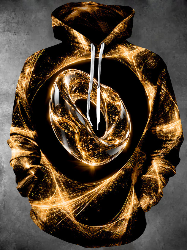 Adaychic Men's Abstract Geometric Gold Light Swirls Print Long Sleeve Hoodie
