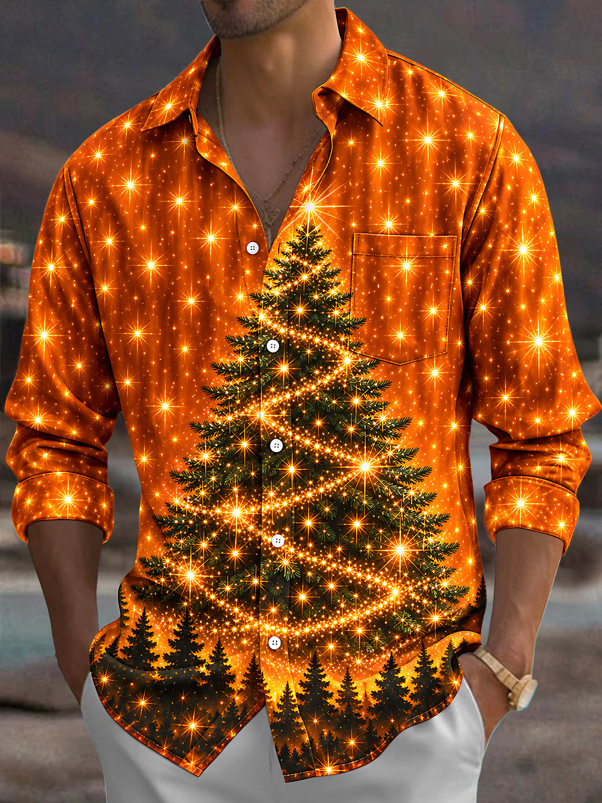 Adaychic Men's Christmas Tree With Sparkling Lights Print Long Sleeve Shirt with Chest Pocket
