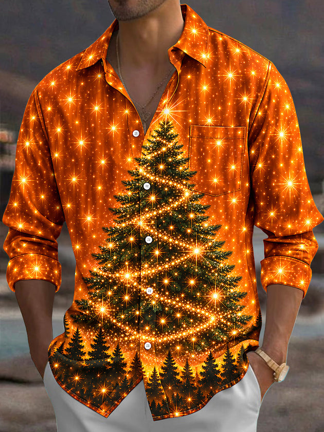 Adaychic Men's Christmas Tree With Sparkling Lights Print Long Sleeve Shirt with Chest Pocket