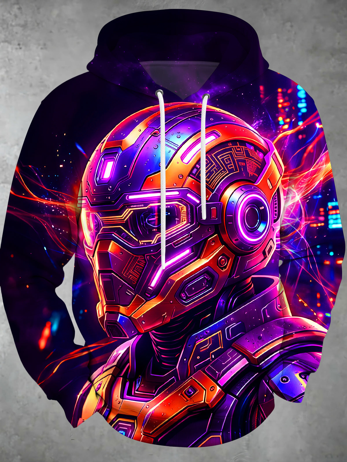 Adaychic Men's Long Sleeve Hoodie - Cyberpunk Mecha Helmet And Neon Cityscape Print