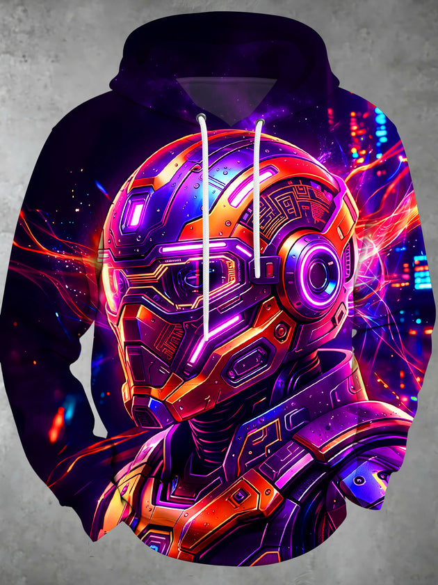 Adaychic Men's Long Sleeve Hoodie - Cyberpunk Mecha Helmet And Neon Cityscape Print