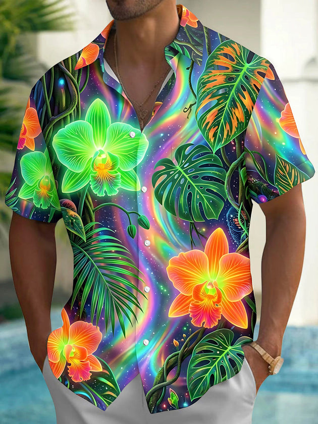 Adaychic Men's Neon Orchids And Monstera Leaves Print Short Sleeve Shirt with Chest Pocket