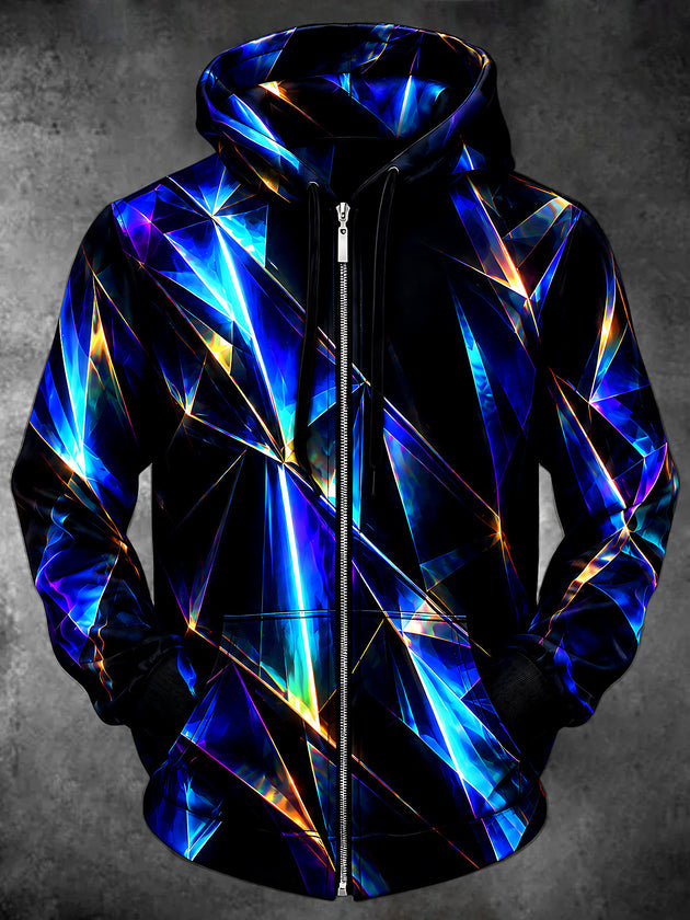 Adaychic Men's Printed Geometric Crystal Facets Print Long Sleeve Zip-Up Hoodie with Kangaroo Pocket
