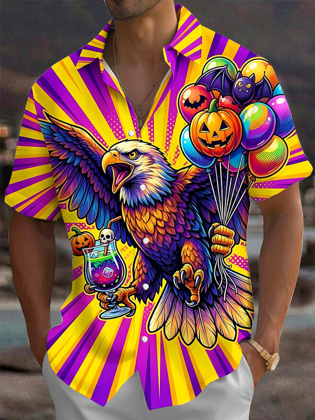 Adaychic Men's Short Sleeve Shirt - Eagle Holding Halloween Balloons And A Potion Drink Print with Chest Pocket