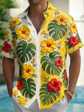Adaychic Men's Hibiscus Flowers And Monstera Leaves Print Short Sleeve Shirt with Chest Pocket