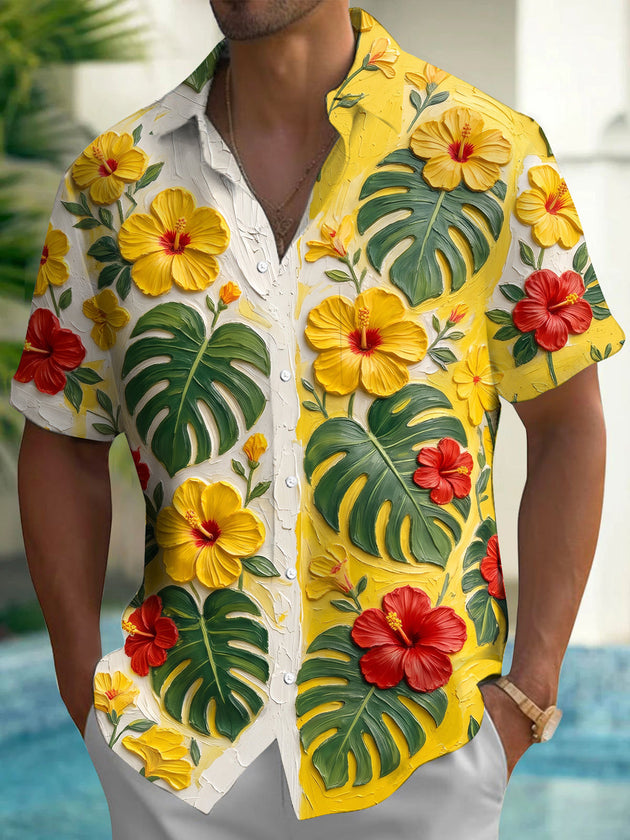 Adaychic Men's Hibiscus Flowers And Monstera Leaves Print Short Sleeve Shirt with Chest Pocket