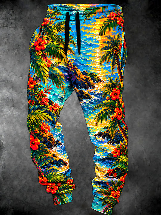 Adaychic Men's Hawaiian Hawaiian Palm Tree And Sunset Beach Scene Print Pants