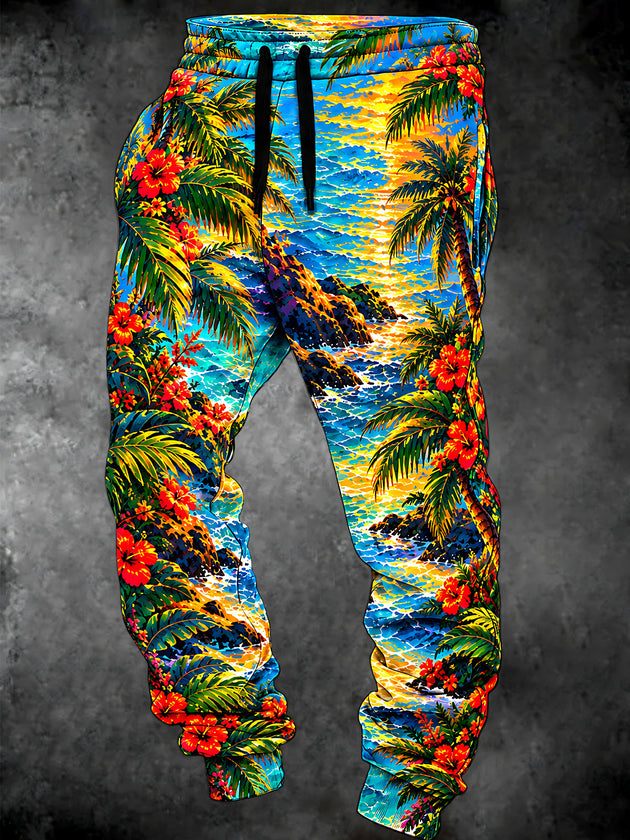 Adaychic Men's Hawaiian Hawaiian Palm Tree And Sunset Beach Scene Print Pants