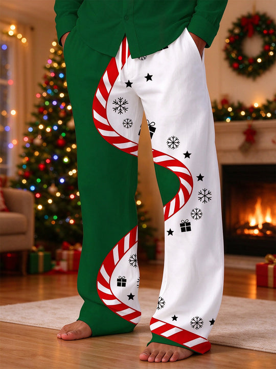 Adaychic Men's Christmas Candy Cane Snowflakes Stars And Gift Boxes Print Pants
