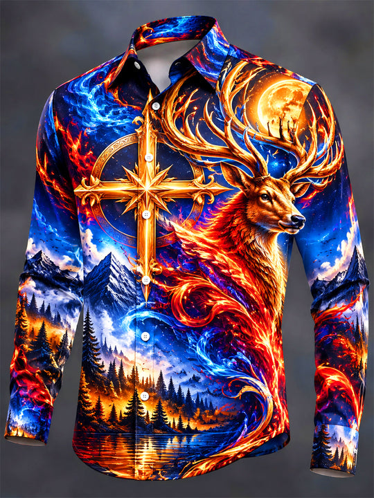 Adaychic Men's Long Sleeve Shirt - Deer And Cross With Fire And Ice Landscape Print with Chest Pocket