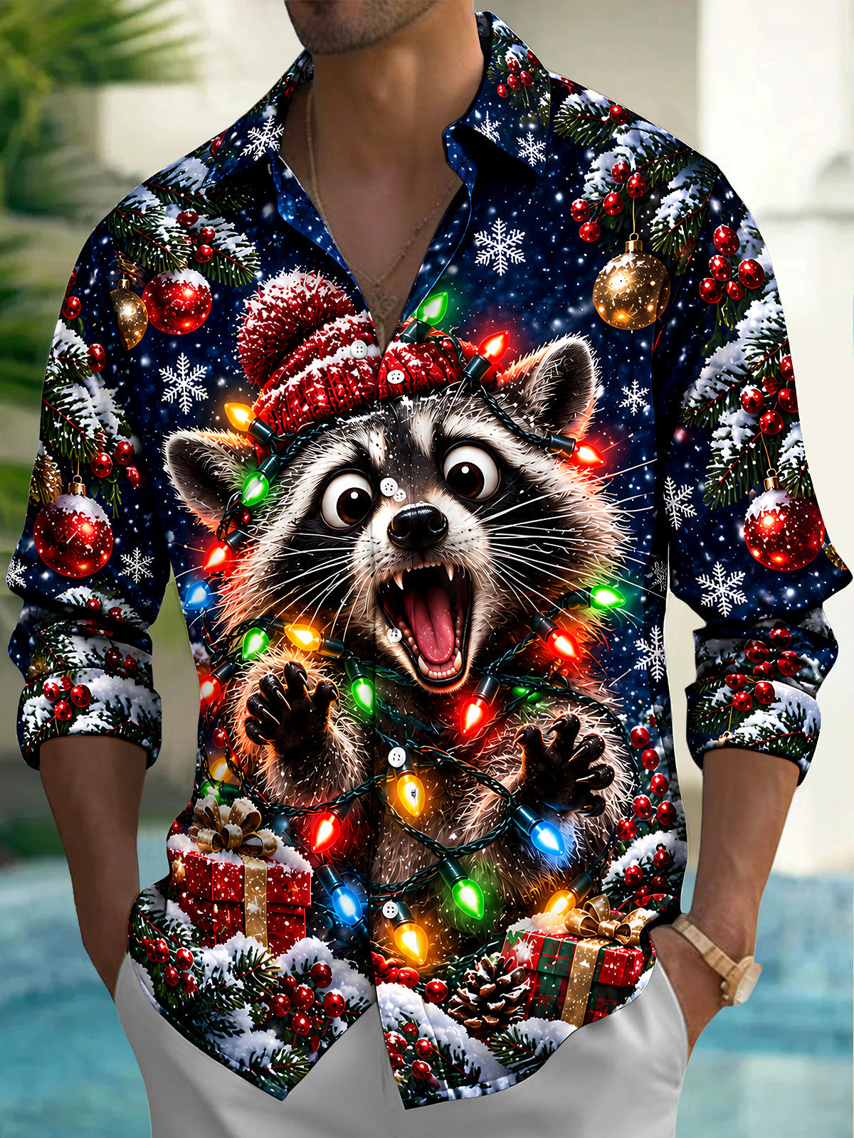 Adaychic Men's Raccoon With Christmas Lights And Hat Print Long Sleeve Shirt with Chest Pocket