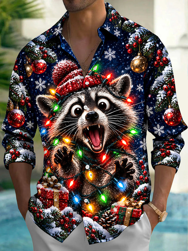 Adaychic Men's Raccoon With Christmas Lights And Hat Print Long Sleeve Shirt with Chest Pocket