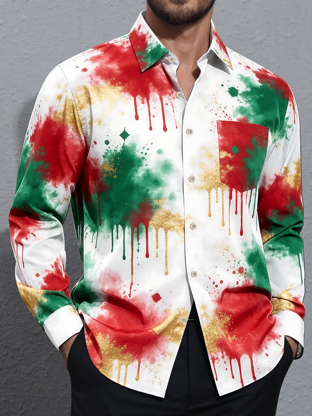 Adaychic Men's Long Sleeve Shirt - Tie Dye Christmas Colors With Drip Effect Print with Chest Pocket