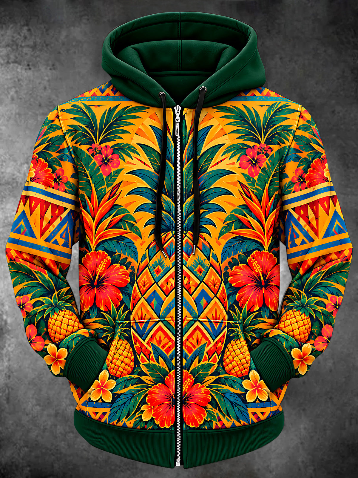 Adaychic Men's Pineapple And Hibiscus Flowers Print Long Sleeve Zip-Up Hoodie