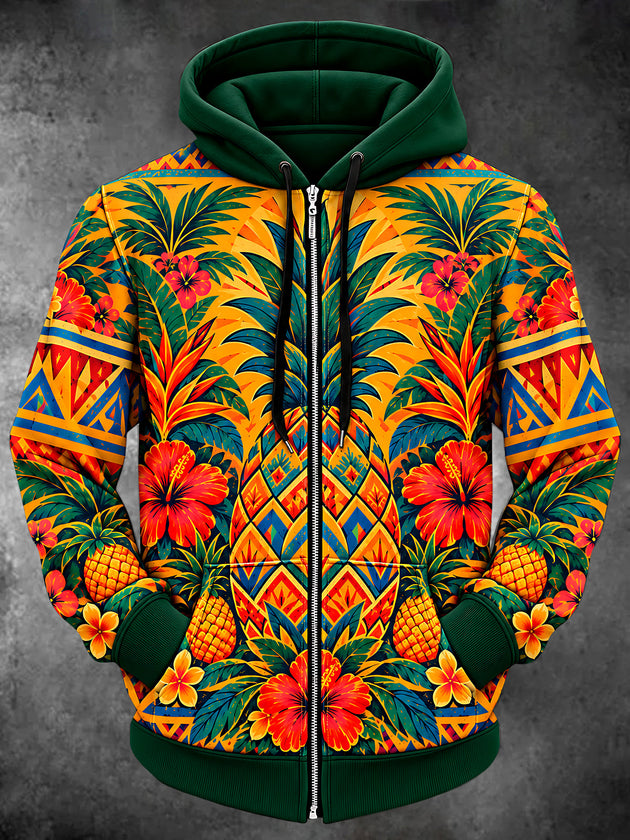 Adaychic Men's Pineapple And Hibiscus Flowers Print Long Sleeve Zip-Up Hoodie