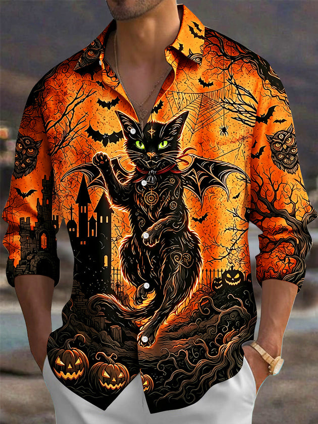 Adaychic Men's Halloween Black Cat With Bats And Castle Print Long Sleeve Shirt with Chest Pocket