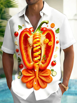Adaychic Men's Graphic Bell Pepper Vegetable Art Print Short Sleeve Shirt with Chest Pocket