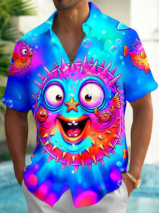 Adaychic Men's Hawaiian Colorful Cartoon Pufferfish Print Short Sleeve Shirt with Chest Pocket
