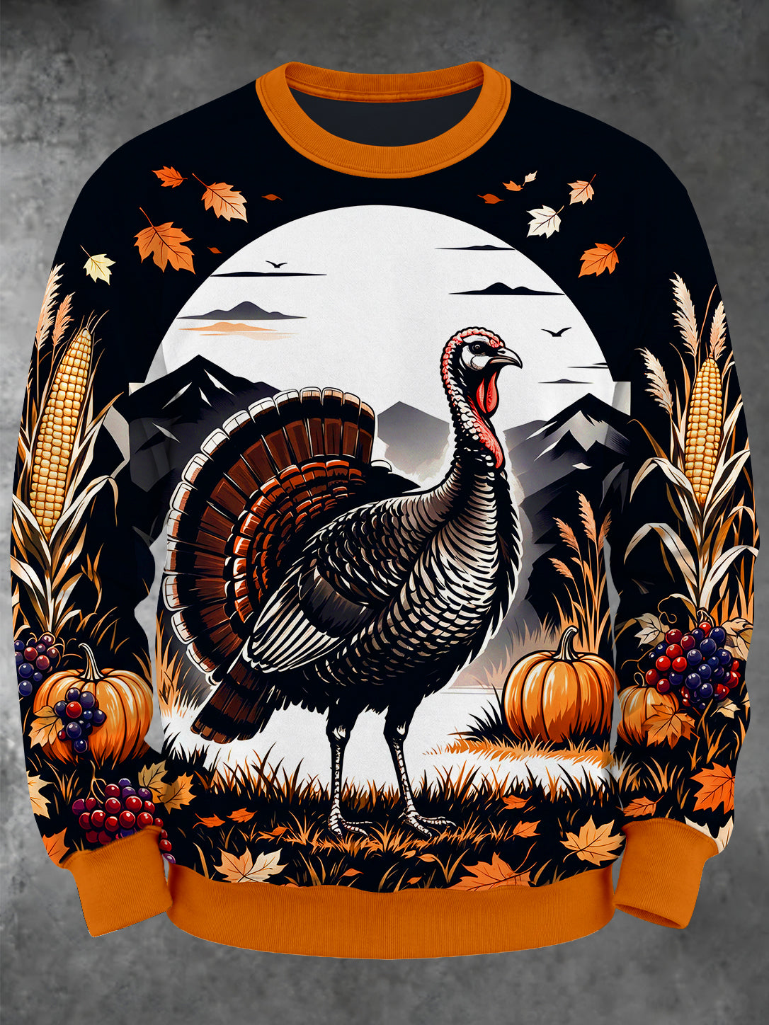 Adaychic Men's Long Sleeve Crew Neck Sweatshirt - Thanksgiving Turkey And Autumn Harvest Print