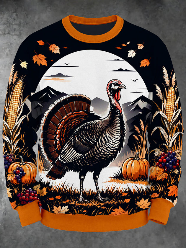 Adaychic Men's Long Sleeve Crew Neck Sweatshirt - Thanksgiving Turkey And Autumn Harvest Print