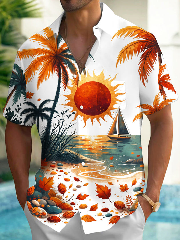 Adaychic Men's Short Sleeve Shirt - Tropical Sunset Beach With Sailboat And Palm Trees Print with Chest Pocket