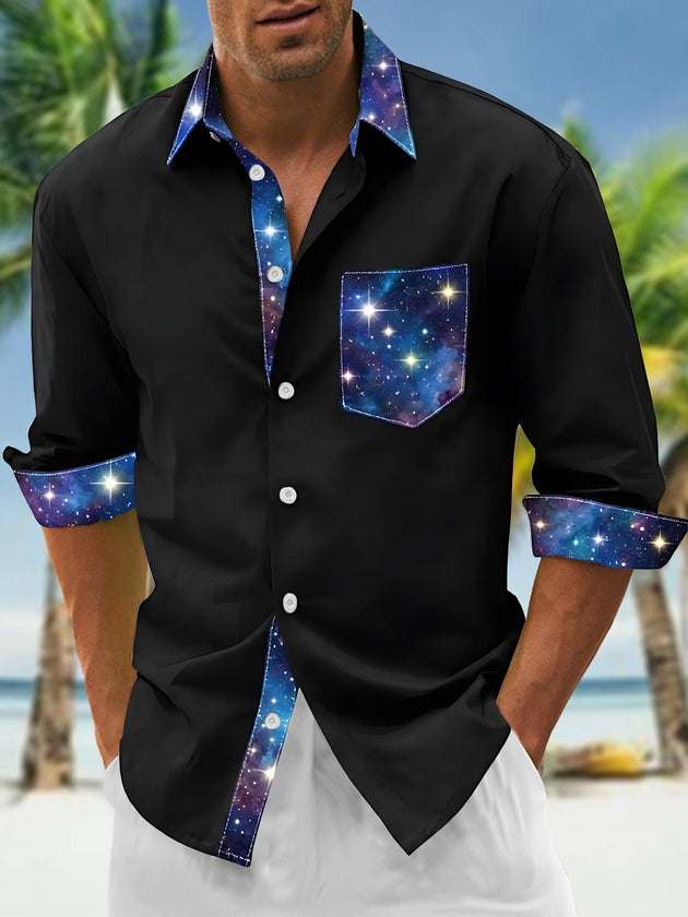 Adaychic Men's Printed Starry Sky And Stars Print Long Sleeve Shirt with Chest Pocket