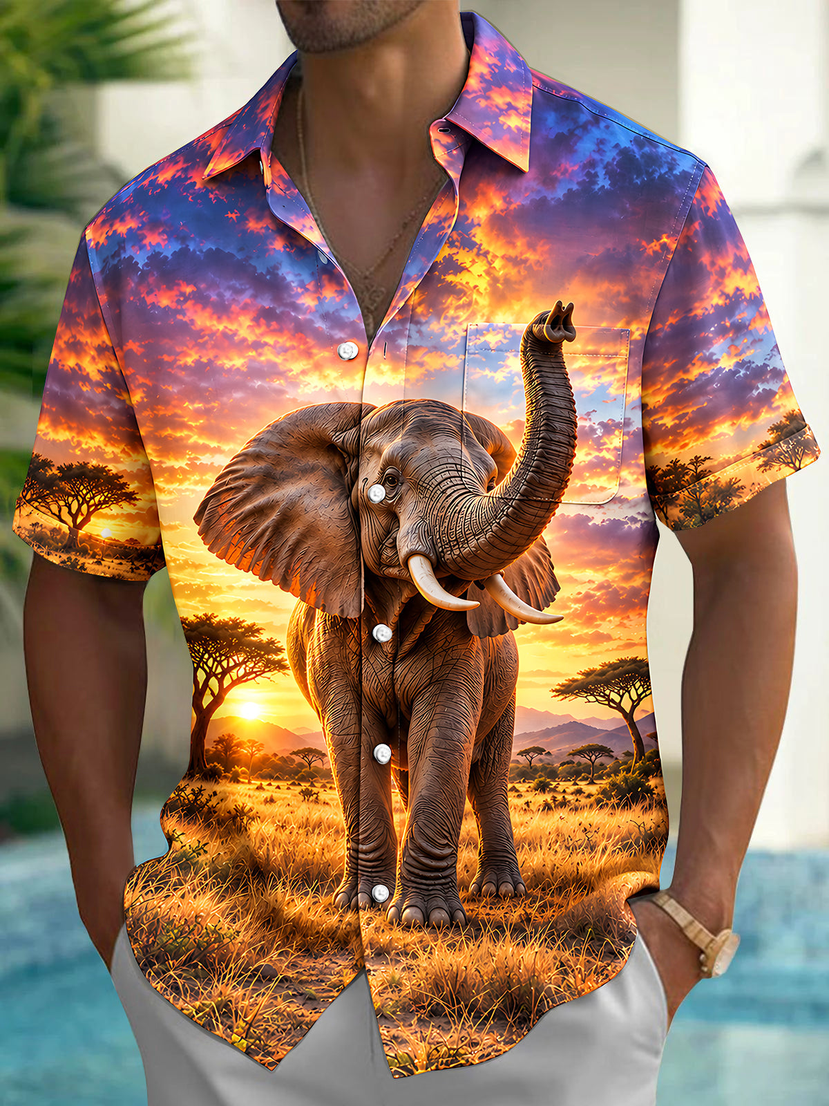 Adaychic Men's African Elephant In Savanna Sunset Print Short Sleeve Shirt with Chest Pocket