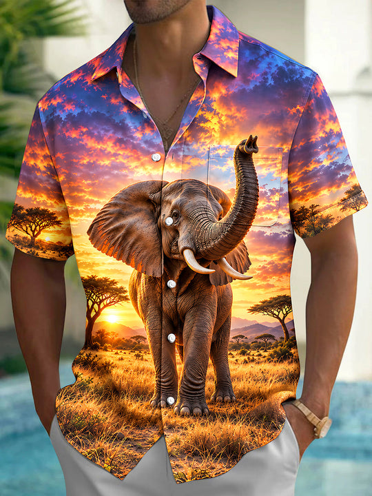 Adaychic Men's African Elephant In Savanna Sunset Print Short Sleeve Shirt with Chest Pocket