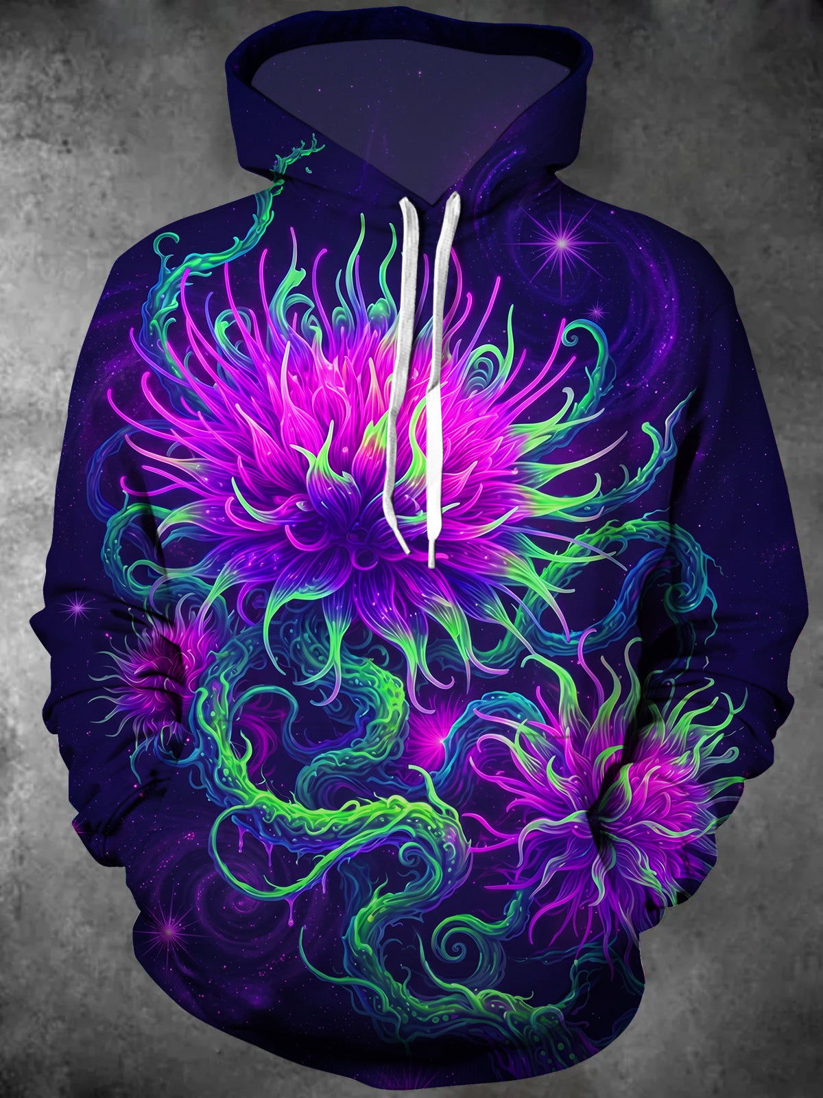 Adaychic Men's Neon Fantasy Flowers And Cosmic Swirls Print Long Sleeve Hoodie
