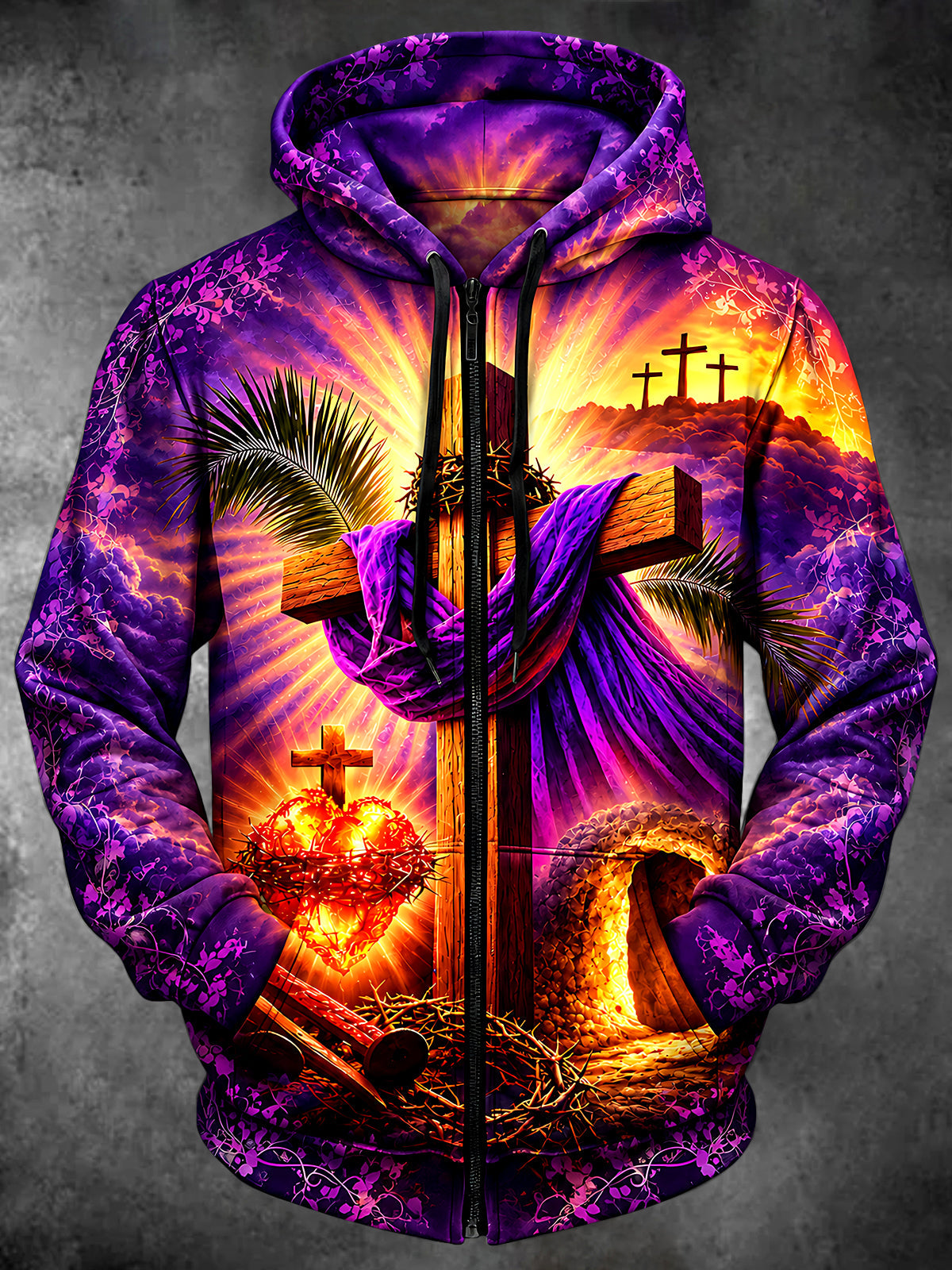 Adaychic Men's Long Sleeve Zip-Up Hoodie - Christian Religious Symbols And Crucifixion Scene Print