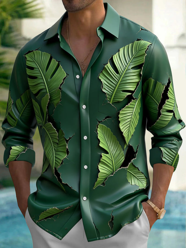 Adaychic Men's Tropical Tropical Palm Leaves Print Long Sleeve Shirt with Chest Pocket
