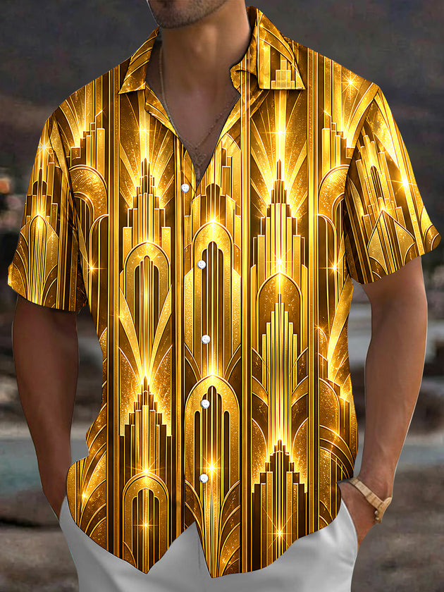Adaychic Men's Short Sleeve Shirt - Art Deco Geometric Gold Lines And Arches Print with Chest Pocket