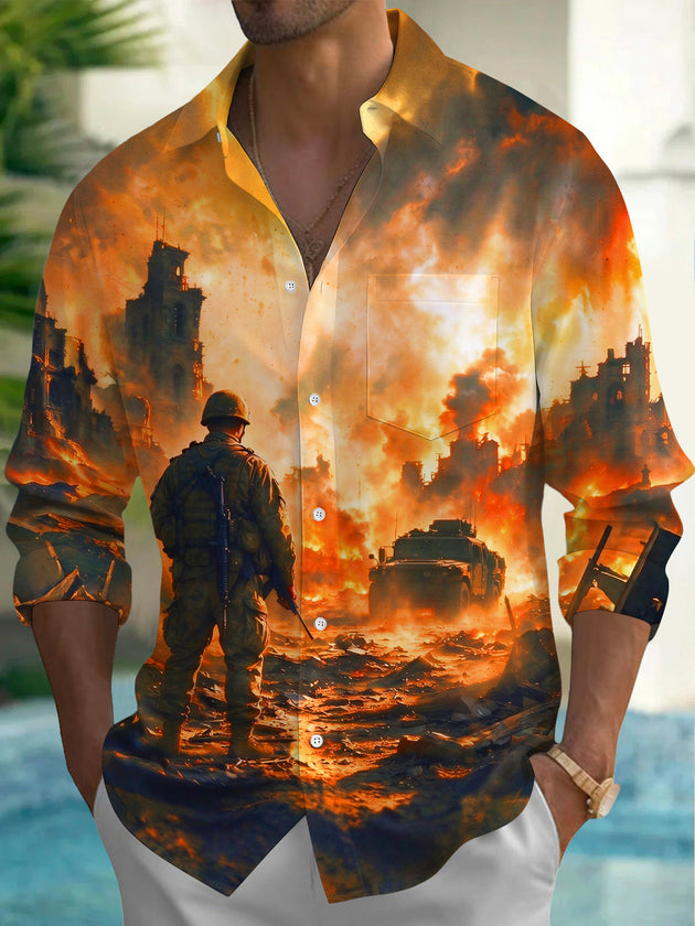 Adaychic Men's Soldier And Armored Vehicle In War Ruins Print Long Sleeve Shirt with Chest Pocket