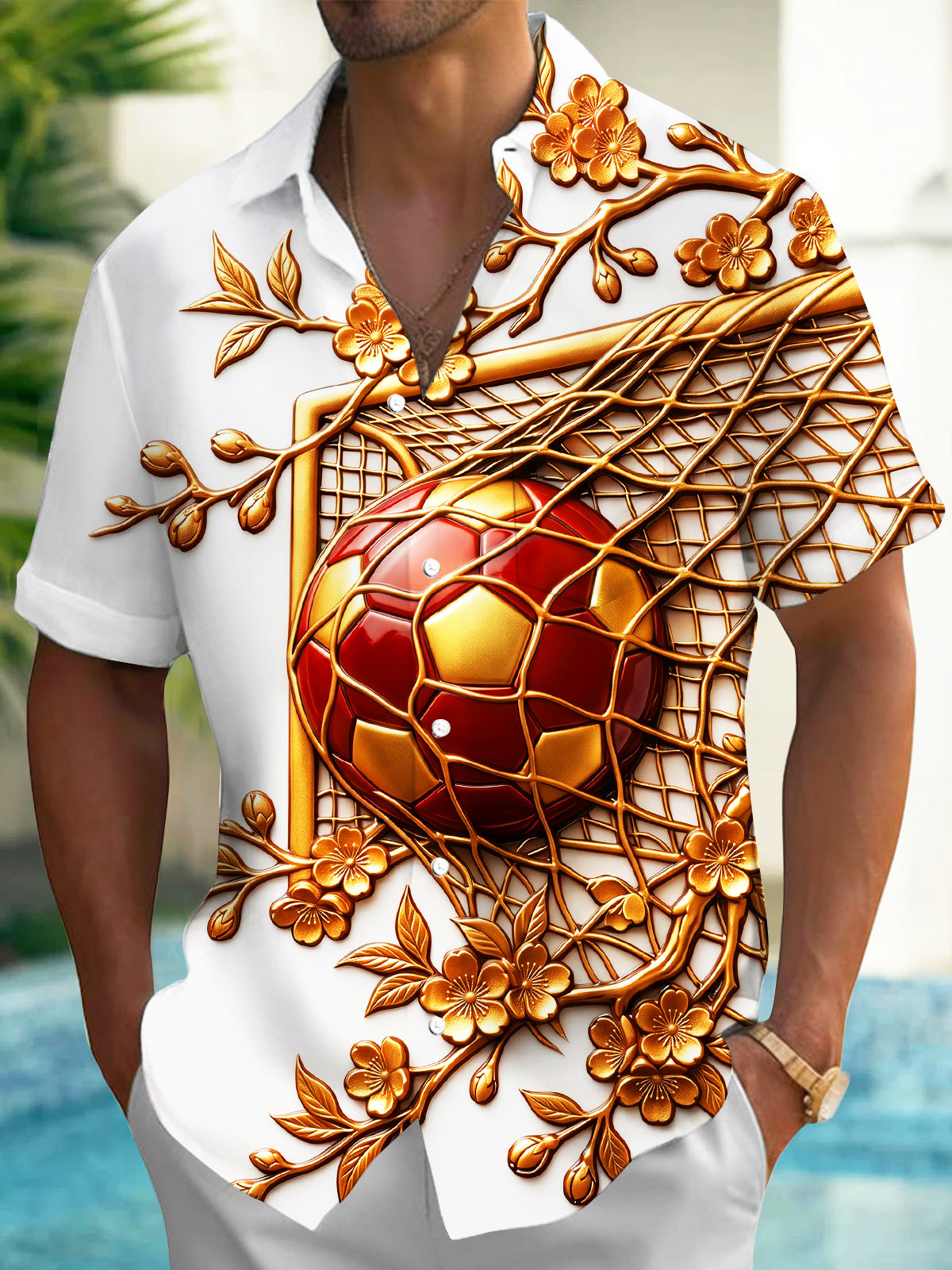 Adaychic Men's Short Sleeve Shirt - Soccer Goal And Ball With Plum Blossom Branches Print with Chest Pocket