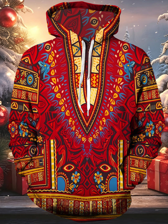 Adaychic Men's Geometric Totem Pattern With Floral Motifs Long Sleeve Hoodie