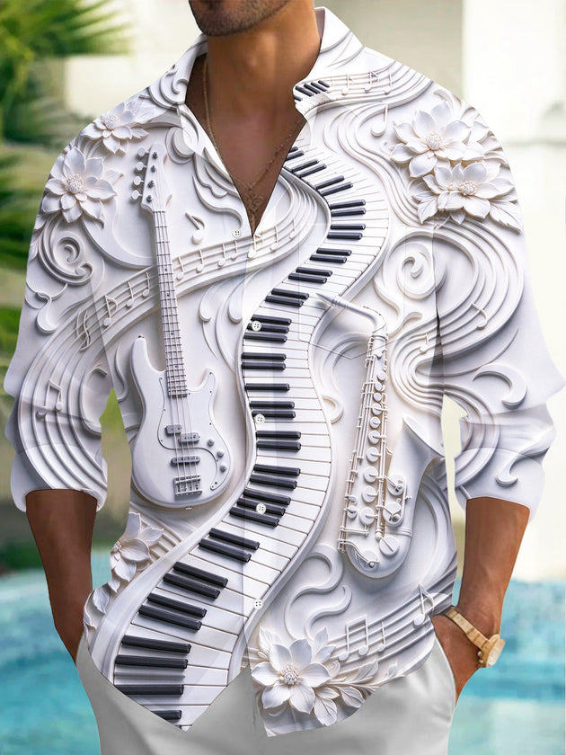 Adaychic Men's Long Sleeve Shirt - 3D Musical Instruments And Floral Carvings Print with Chest Pocket