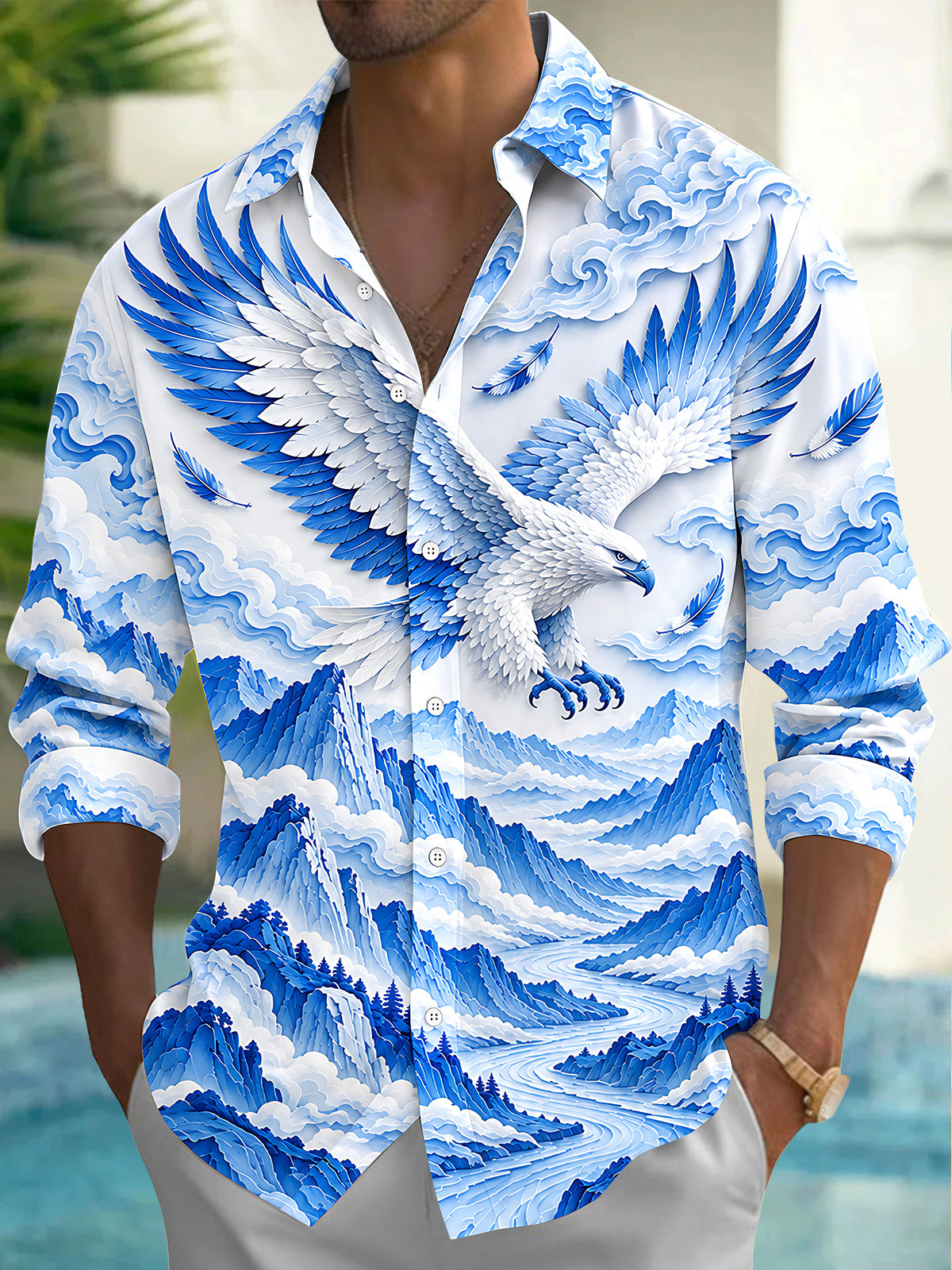 Adaychic Men's Graphic Eagle With Wings And Mountains Print Long Sleeve Shirt with Chest Pocket