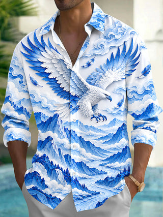 Adaychic Men's Graphic Eagle With Wings And Mountains Print Long Sleeve Shirt with Chest Pocket