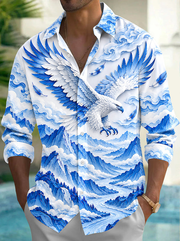 Adaychic Men's Graphic Eagle With Wings And Mountains Print Long Sleeve Shirt with Chest Pocket