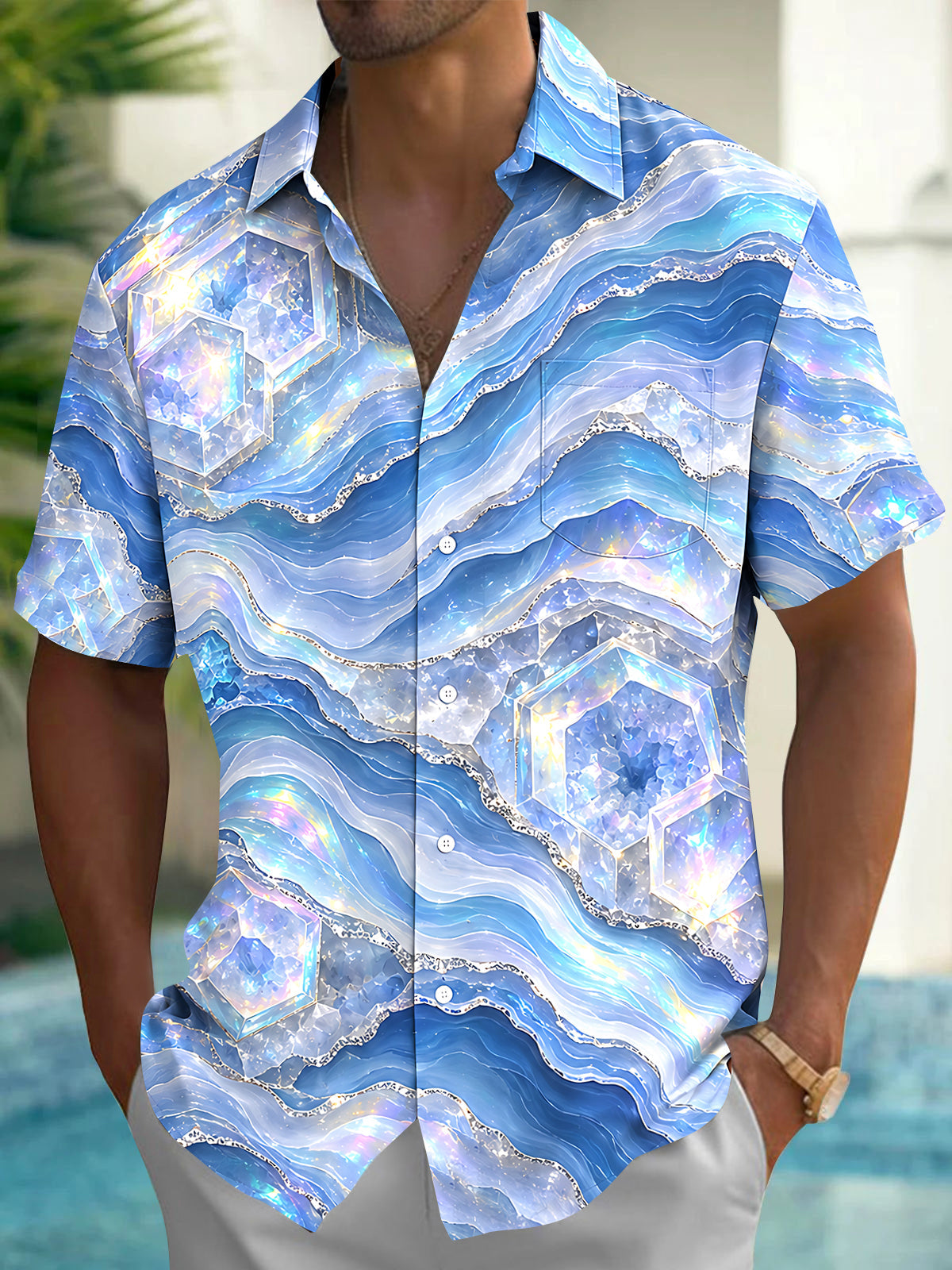 Adaychic Men's Short Sleeve Shirt - Abstract Geometric Hexagons And Wavy Lines Print with Chest Pocket