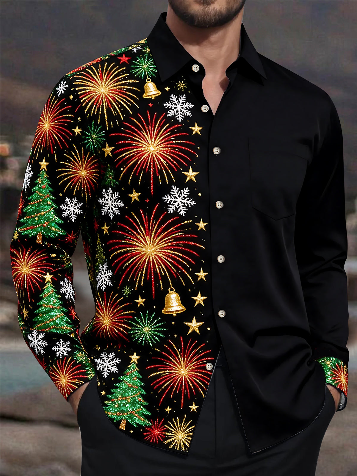 Adaychic Men's Christmas Fireworks And Christmas Trees Print Long Sleeve Shirt with Chest Pocket