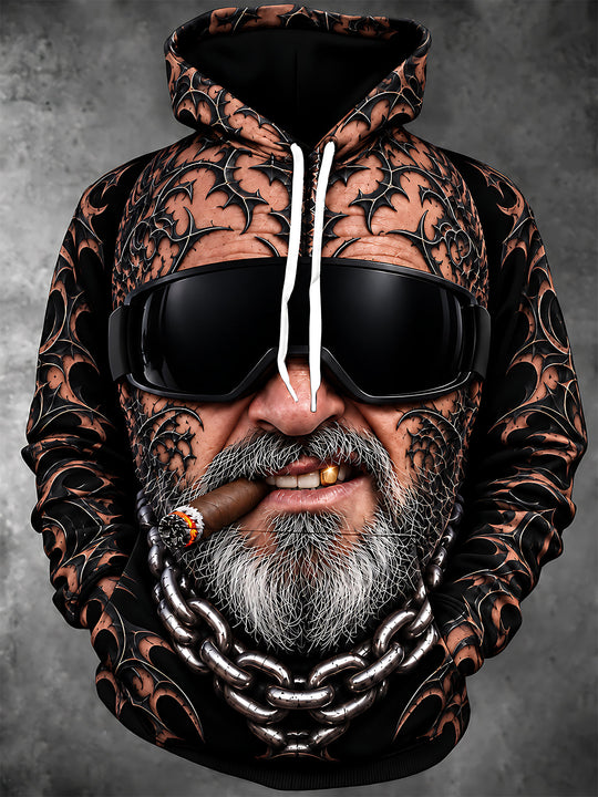 Adaychic Men's Tattooed Man With Cigar And Sunglasses Print Long Sleeve Hoodie