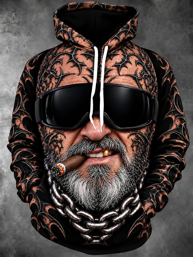 Adaychic Men's Tattooed Man With Cigar And Sunglasses Print Long Sleeve Hoodie