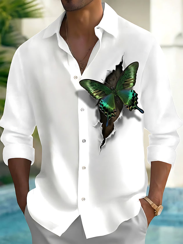 Adaychic Men's 3D Tearing Effect With Green Butterfly Print Long Sleeve Shirt with Chest Pocket