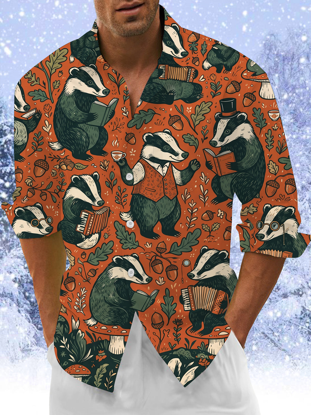 Adaychic Men's Long Sleeve Shirt - Vintage Gentleman Badgers With Forest Elements Print with Chest Pocket